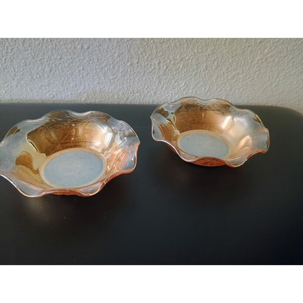 2 Vintage Jeannette Floragold Louisa Iridescent Amber Bowls Fluted Edge 5 1/2”